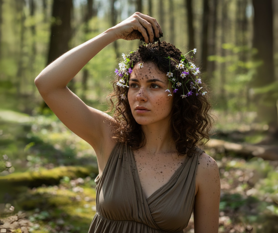 A serene woman with curly hair adorned with wildflowers growing from her hair attempts to bury them with dirt.